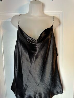 Karl Lagerfeld Black Satin Cowl Neck Tank Top with Rhinestone Straps